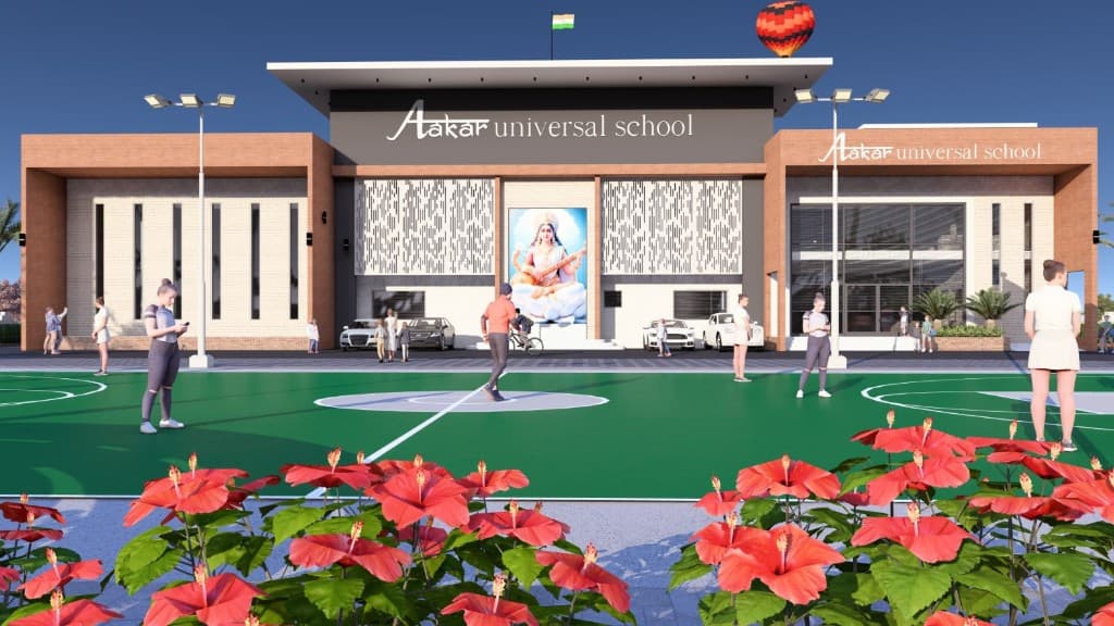 Aakar Universal School campus with sports court, Saraswati mural, and landscaped grounds