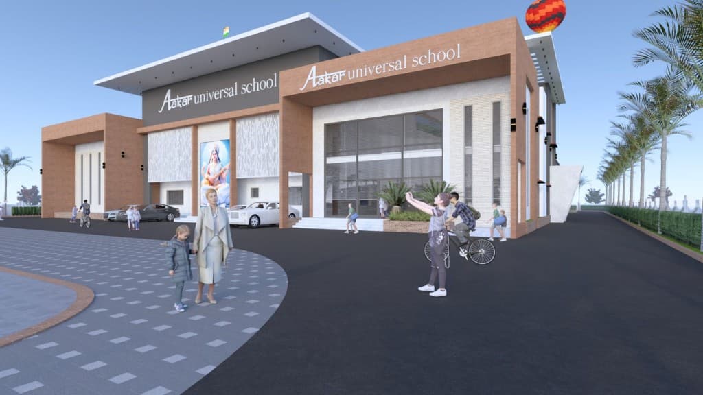 Architectural rendering of Aakar Universal School building with modern design, Saraswati mural, and entrance
